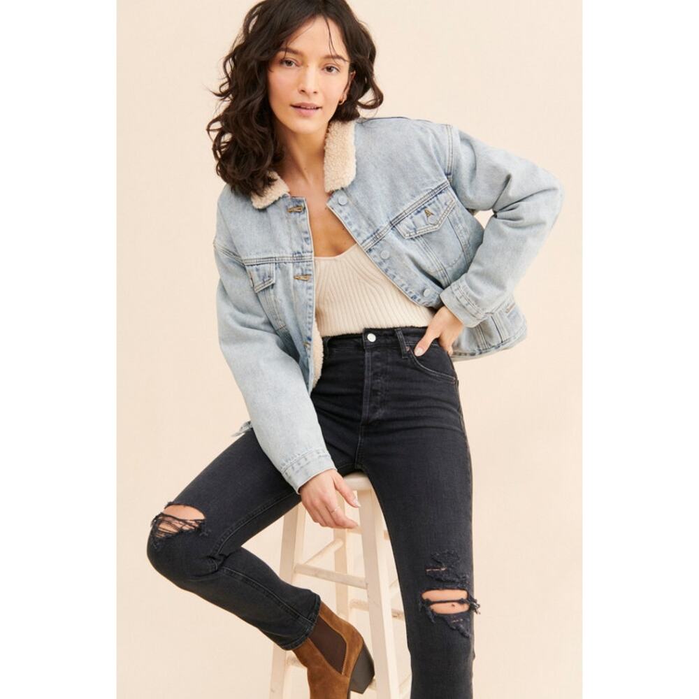 VIGOSS Women's Sherpa Lined Denim Jacket Size M In Denim Light